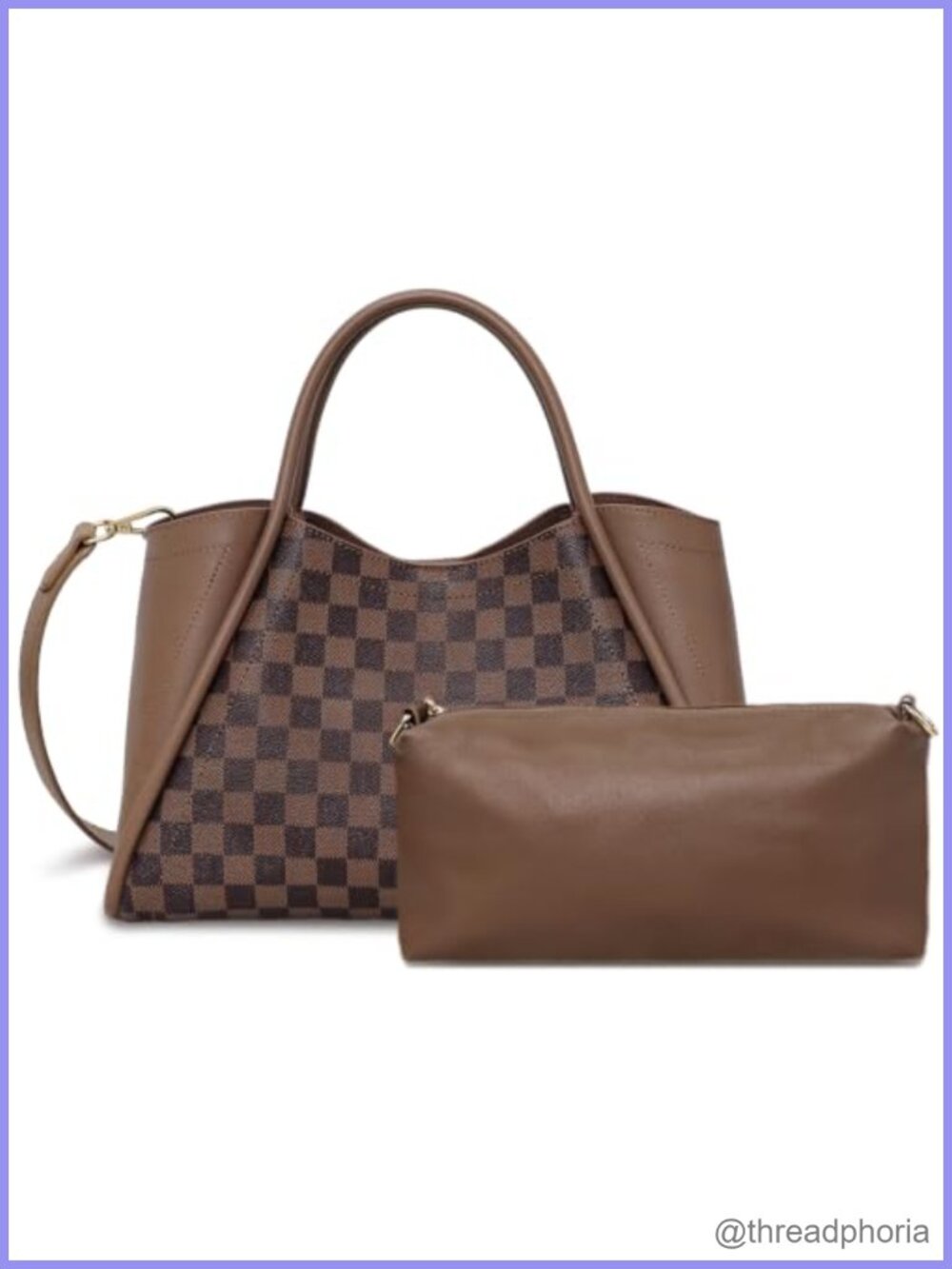 Faux Leather Checkered Satchel Handbag with Inner Pouch Top Handle